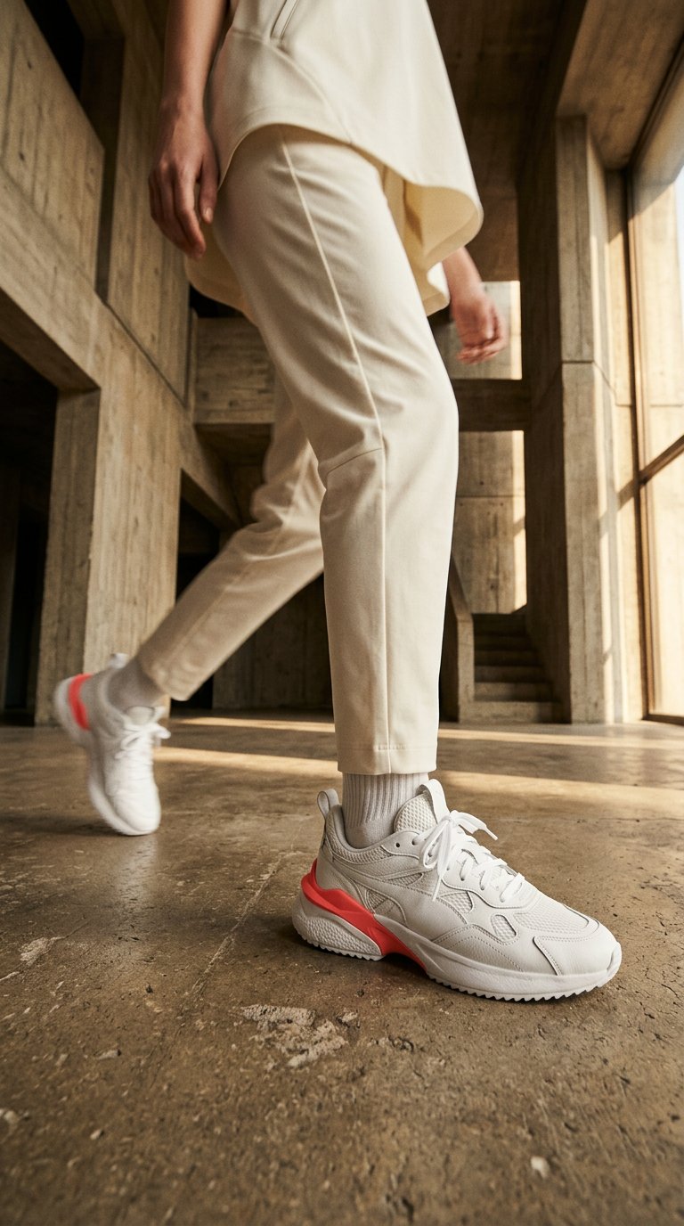 Athlete in STRIDE shoes crossing a modern architectural space